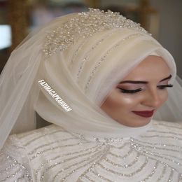 Ivory Muslim Bridal Veils 2018 Beading Pearls Tulle Wedding Hijab for Saudi Arabia Brides Custom Made Elbow Length Bridal Veils3079
