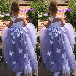 Purple 7 Year Old Ball Gown Flower Girl Dresses Tulle 3D Floral Appliques Pageant Gowns Butterfly Communion Fancy Dress Costumes241z