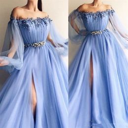 Fairy Sky Blue Prom Dresses Appliques Pearl A Line Jewel Poet Long Sleeves Formal Evening Gowns Front Split Plus Size vestidos de 322N