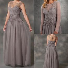 simple aline gray chiffon mother of the bride dresses with jacket applique lace dresses evening wear wedding guest dress2637
