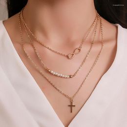 Pendant Necklaces Three-layer Figure 8 Pearl With A Cross Collarbone Chain Women's Accessories