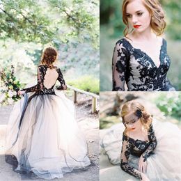 Black Appliques A Line Wedding Dresses Long Sleeve Lace Beach Country Wedding Gowns Open Back 3D-Floral Applique Bohemian Wedding 227w