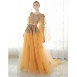 Illusion Long Sleeves Evening Dresses Scoop Appliques Beaded Dubai Kaftan Saudi Arabic Chiffon Formal Dress Evening Dresses Robe d3047