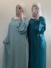 Ethnic Clothing Ramadan Eid Satin Abaya Dubai Turkey Flare Sleeve Muslim Hijab Dress Plain Closed Abayas for Women Islamic Clothing Kaftan Robe 230721