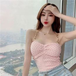 Women's Tanks Women Summer Sexy Chain Halter Tank Top Solid Crop Tops Slim Drawstring Vest Black Ladies Stretch Camisole Sling Club Wear