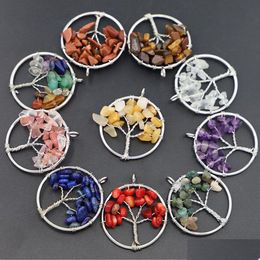 Charms 100Pc Natural Wire Wrap Tree Of Life Healing Chip Stone Fluorite Crystal Pendant 7 Chakra Necklace Women Men Drop Delivery Je Dhp6E