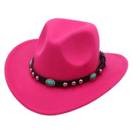 Western Cowboy Hat with Turquoise Belt Hot Pink Curved Brim Felt Panama Cap Cowgirl Fedoras Parent-Child Sun Hat for Adults Kids