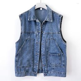 Women's Vests Spring Autumn Vintage Blue Big Pocket Denim Vest Women Korean Sleeveless Cowboy Waistcoat Loose Mid Long Jeans Coat Female