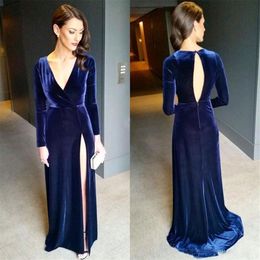 Navy Blue Velvet Red Carpet Evening Dresses V Neck Sexy Keyhole Back High Split Long Sleeve Formal Prom Gowns Evening Wear uk Cele2746