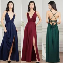 2022 Silk Taffeta V Neck Bridesmaid Dresses Sexy Backless Split Plunging Women Party Vestidos Summer Beach Bohemian Maid of Honour 2685