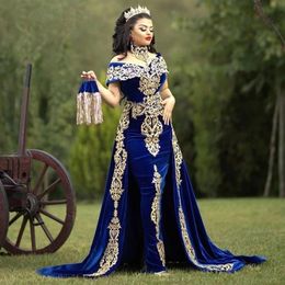 Vintage Royal Blue Formal Evening Dresses with Detachable Skirt 3 Pieces Appliques Morocco Kaftan Velvet Mermaid Arabic Caftan Pro250a