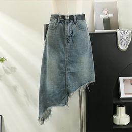 Skirts Women Chic Asymmetric Denim Full Skirt High Waist Elegant Korean Fashion Wrap Sweet Summer Clothing