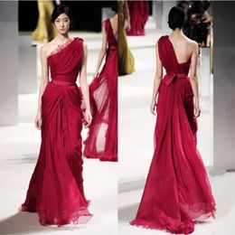 2019 ELIE SAAB Long Red Evening Celebrity Dresses Lace Applique One Shoulder Backless Pleat Chiffon Runaway Dress Formal Gown226h