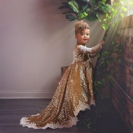 Cute Toddlers Gold Sequined Girls Pageant Dresses White Lace Appliques Long Sleeves Hi Lo Flower Girl Dresses Teens Party Communio272F