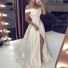 Simple Wedding Dresses 2020 Satin Off the Shoulder Bridal Gown Split Slit Backless vestido de noiva custom made plus size288w