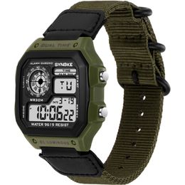 Men Sports Watch Electronic Digital Three Rings Nylon Strap Casual Army Green Waterproof Man Chronograph Clock Relogio Masculino