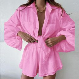 Women's Tracksuits Cotton Women Full Lantern Sleeve Button Shirt Set Bohemian Pink Shorts Sets Puff Blouse Suit Two Piece Chic