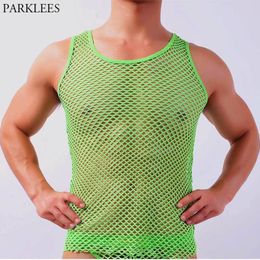 Men's Tank Tops Green Mens See Through Mesh Fishnet Tanks Top Sexy Transparent Gym Training Tank Top Men Breathable Perspective Fitted Nightwear 230721