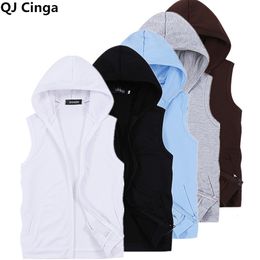 Men's Jackets Men's Sleeveless Hooded Jacket Zipper Control White Blue Grey This Coat Is Perfect for Spring Summer Fall 5xl 230721