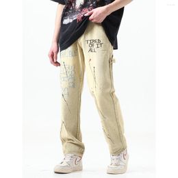 Men's Jeans High Street Yellow Vintage Wide Leg Retro Embroidered Splash-ink Washed Jean Denim Hip Hop Graffiti Mens Pants