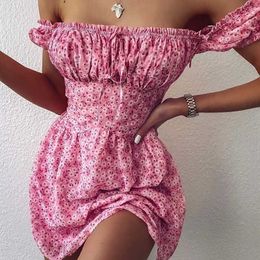 Off The Shoulder Pink Sundresss Women Short Sleeve Mini Beach Boho Dress Ruffled Floral Print Dresses Harajuku Dress Flower 2023