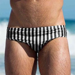 Men Swimsuit Striped Firm Swimwear Man Drawstring Swimming Suit Beachwear Elastic Quick Dry Breathable Swim Briefs Man 210515262h