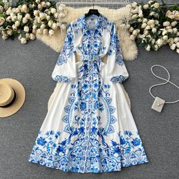 Basic Casual Dresses Summer Autumn Women Dress Turn Down Neck Puff Sleeve Single Breasted Belt Blue Print Vintage Long Dress Fashion Runway 2023