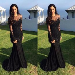 Black Arabic Satin Mermaid Prom Dresses Sheer Long Sleeves Lace Appliques Beaded Plus Size Formal Party Evening Gowns robes de soi249h