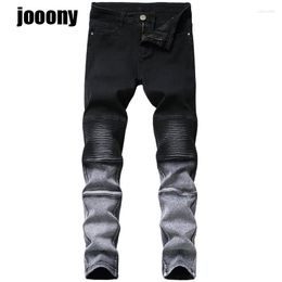 Men's Jeans Pleated Stretch Slim Pencil Pants Casual Solid Biker Destroyed Hole Hip Hop Trousers Streetwear Clothes