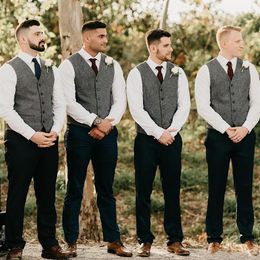 Wholes- Gray Groom Vests Wool Herringbone Tweed Groomsmen Vest Slim Fit Mens Dress Attire Suit Vest Prom Wedding Party Waistco261d