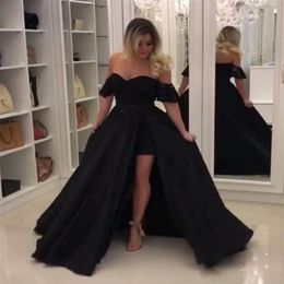 Sexy Off Shoulder Prom Dresses With Detachable Train Black Lace Satin Evening Dresses Custom Made Formal Party Gowns Vestido De Fe309q