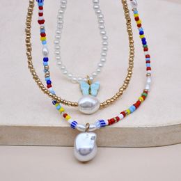 Chains Pastoral Style Butterfly Pearl Necklace Women's Summer Combination Wearing Colourful Beaded Neck Clavicle Chain Jewellery