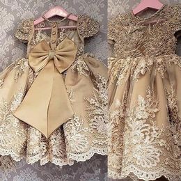 2021 Gold Champagne Flower Girls Dresses Jewel Neck Cap Sleeves Princess Lace Appliques Crystal Pearls Floor Length Bow Kids Girl 2938