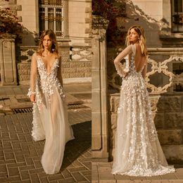 2019 Illusion Berta Wedding Gowns Deep V Neck A Line Lace 3D Floral Appliqued Sexy Wedding Dresses Long Sleeve Summer Boho Bridal 319P