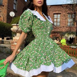 New Summer Printed Dresses Women Fashion Slim Mini Dress Women Elegant Prairie Chic Puff Sleeve Dresses Female Ladies