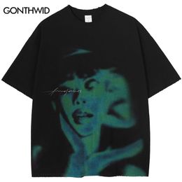 Vintage Punk Men Oversize TShirt Streetwear Hip Hop Abstract Graphic Print Distressed T Shirt 2023 Harajuku Gothic Loose Tee Top