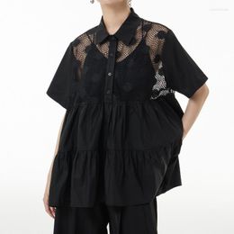 Women's Blouses Black-Style Hollow-Out Lace Stitching Short-Sleeved Shirt Thin Loose Niche Stylish A- Line Blouse Distinctive Summer 2023
