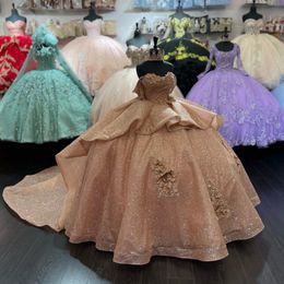 Champagne Sweetheart Quinceanera Dresses Sweet 16 Sparkly Ruffle Tulle 3DFlower Vestido De 15 Anos Masquerade Birthday Party Gown