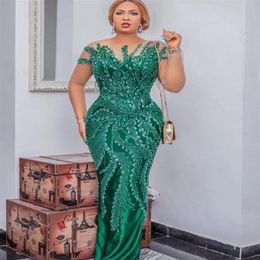 Elegant Green Aso Ebi Evening Dresses 2021 Short Sleeves Mermaid Satin Beaded Sexy Tassels Back With Slit Formal Party Gowns244x