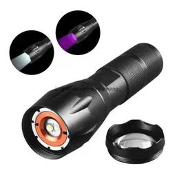Portable uv white light tactical flashlight dual lights sources Torch zoomable outdoor hiking camping lantern torches lamp 18650 battery scorpion lamps