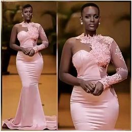 2022 African Nigerian Black Girls Pink Mermaid Evening Dresses One Shoulder Long Sleeve Prom Dress Formal Dress Evening Gowns Aben271D