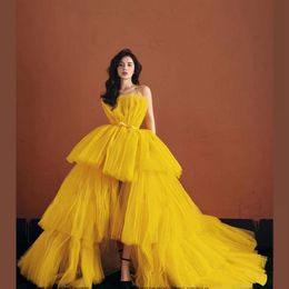 Puffy High Low Yellow Prom Dresses Short Front Long Back Tulle Spaghetti Straps Formal Evening Gowns Tiered Skirt Pageant Special 215o