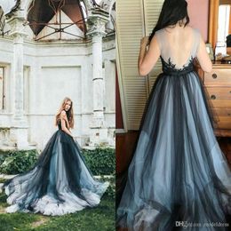 Gothic Wedding Dresses Colorful Tulle Black Navy Open Back Lace Appliques Sheer Neck Country Wedding Gowns Fashionable Design Bohe249w