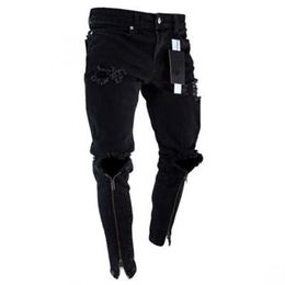 Mens Zipper Holes Designer Jeans Black Ripped Slim Fit Represen Pencil Pants2858