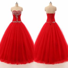 Cheap Red Prom Quinceanera Dresses Tulle Pleated Beaded Strapless Backless Prom Dress 8th Grade Sweet 16 Girls Special Occasion Dr2764