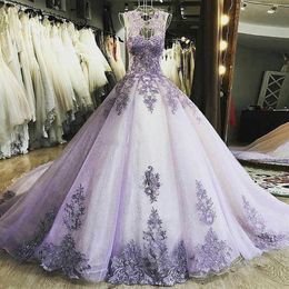 Lavender Ball Gown Quinceanera Dresses Illusion Bodice Sheer Shoulders Appliques Tulle Sequins Prom Dresses Elegant Sweet 16 Dress253Z