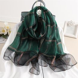 New Scarves Silk Blended Women's Gold Silk Classic Plaid Scarf Versatile Long Shawl Whole257P