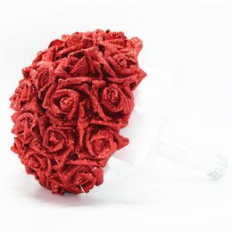 Wedding Bridal Bouquets with Handmade Flowers Sequins Red Rose Artificial Flower Bouquet Wedding Supplies Bride Holding Brooch Bou274S