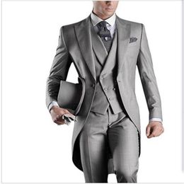 2017 New Arrival Italian men tailcoat gray wedding suits for men groomsmen 3 pieces groom wedding suits peaked lapel men suits298R