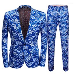 Men's Suits Men Business Casual Slim Suit Sets Fashion Blue Printed Tuxedo Wedding Formal Dress Blazer Stage Performances